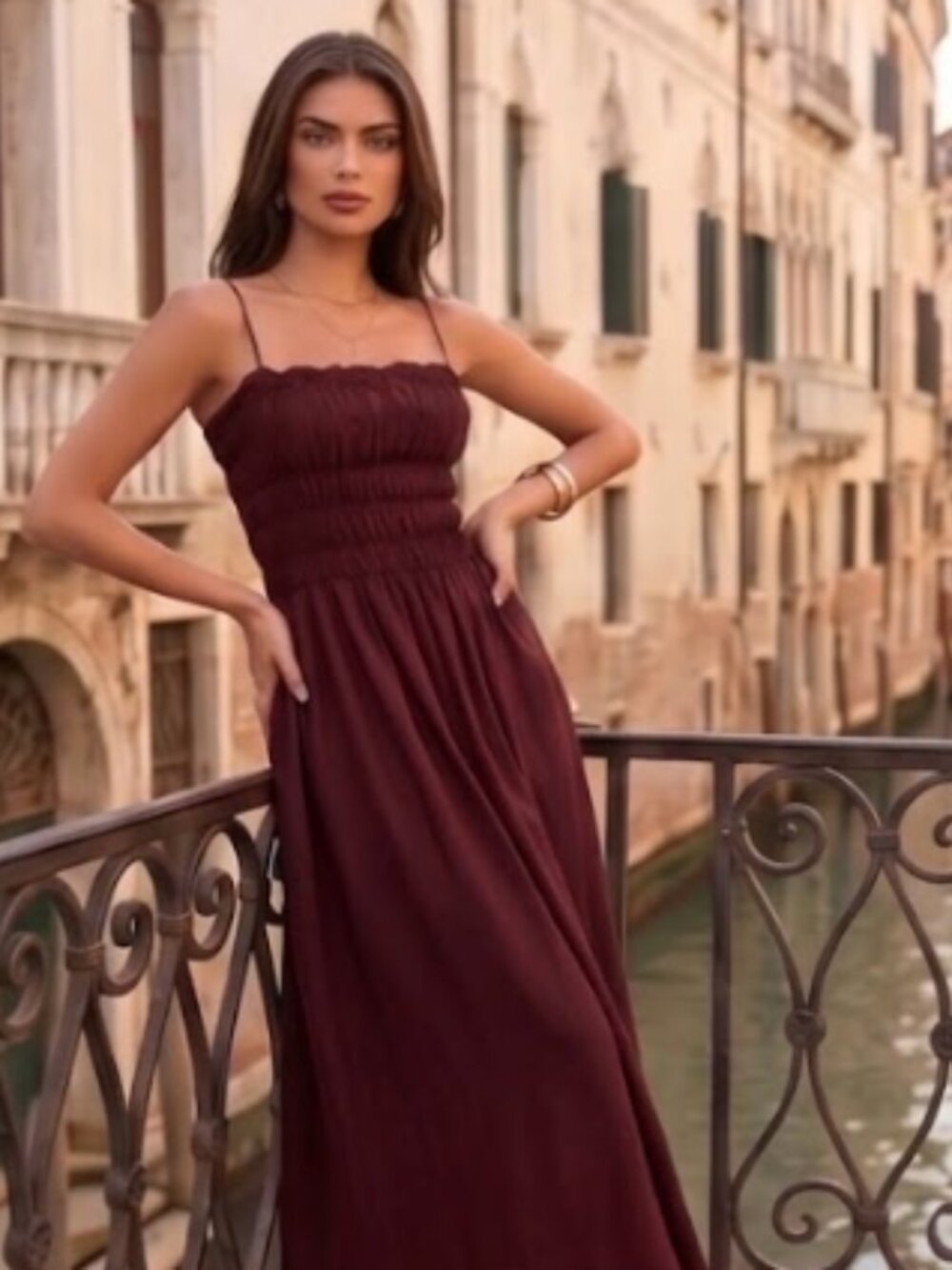 Burgundy Smocked Bodice Maxi Sundress